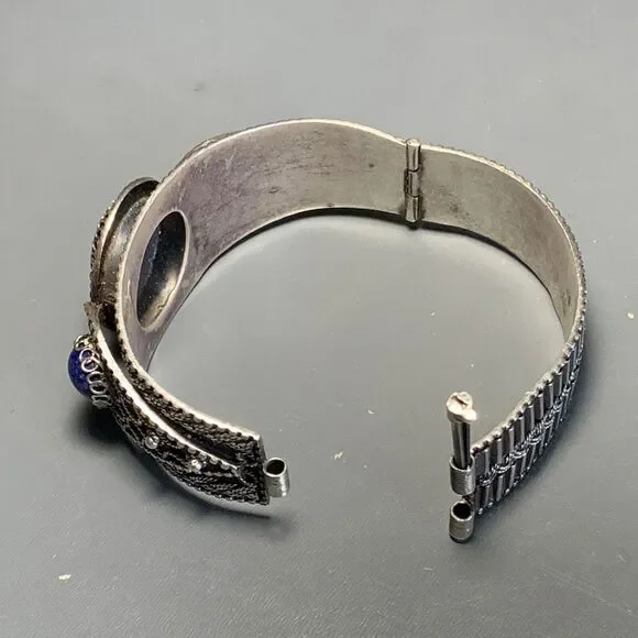 Old Etruscan Style 800 silver Lapis Bangle . Middle eastern Silver Bracelet . S